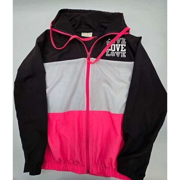 Bobbie Brooks Ladies Windbreaker Jacket Love Print Black/White/Pink Zip-Up Hoodi - Picture 1 of 6